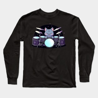 Retro 90s Cat Playing Drums Gifts Drummer Concert Drums Long Sleeve T-Shirt